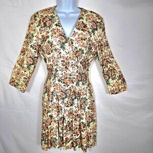 VTG Dress Floral Sz 7/8  Pleated Cottage Boho Preppy 3/4 Sleeve V Neck